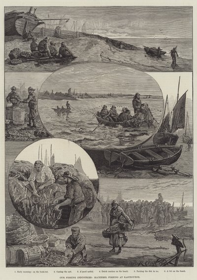 Nuestras industrias pesqueras, pesca de caballa en Eastbourne (grabado) de Percy Robert Craft