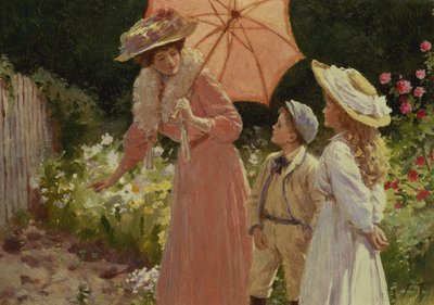 Una dama con sombrilla mostrando cómo hacer un barril de fresas de Percy Tarrant