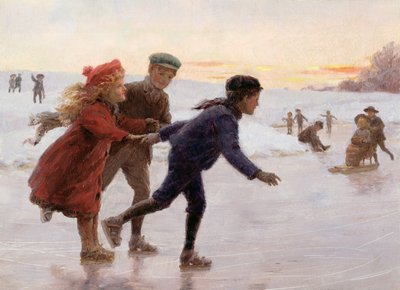 Niños patinando (óleo sobre tabla) de Percy Tarrant