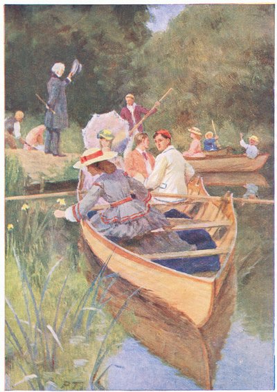 Laurie y Jo remaron un bote, de Mujercitas publicado por Associated Newspapers Limited, c.1940 (litografía en color) de Percy Tarrant