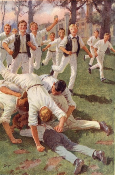 Los dos se precipitan juntos y se lanzan sobre el balón (litografía en color) de Percy Tarrant