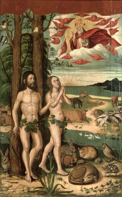 Adán y Eva en el Jardín del Edén (óleo sobre tabla) de Pere Mates