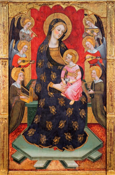 Madonna y el Niño con ángeles músicos - Madonna con ángeles tocando música - Pintura de Pere (Pedro) Serra (activo hacia 1357-1406), ca 1380 - Témpera sobre tabla - Museu Nacional d