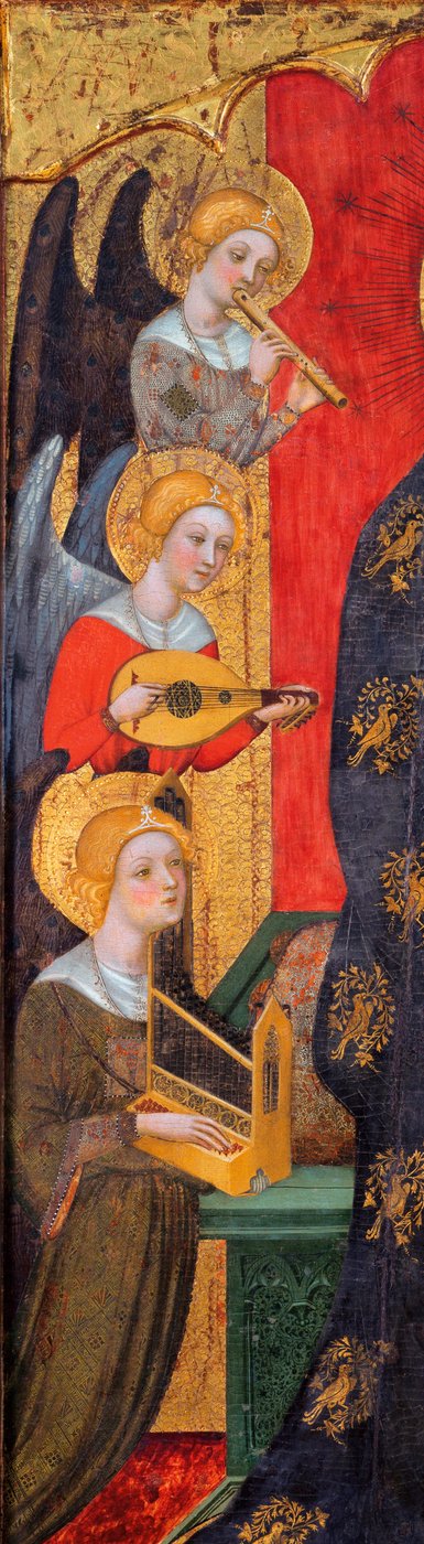 Madonna rodeada de ángeles músicos - Detalle de ángeles - Madonna con ángeles tocando música (Detalle) - Pintura de Pere Serra (activo hacia 1357-1406), ca 1380 - Témpera sobre tabla - Museu Nacional d
