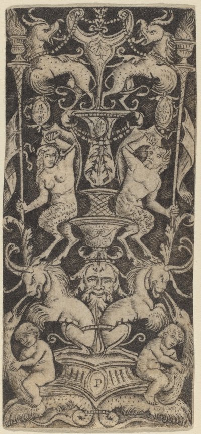 Panel de ornamento con dos niños desnudos sobre bestias monstruosas de Peregrino da Cesena