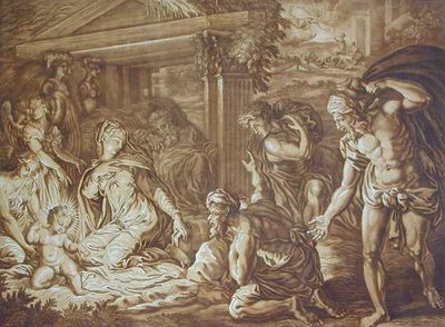 La Adoración de los Pastores, grabado por Elishah Kirkhall (1682-1742) 1724 de Perino del Vaga