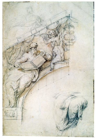 Decoración de una pared sobre un arco de entrada con un profeta y dos putti, c. 1525 de Perino del Vaga