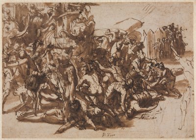Poros asaltado por el ejército macedonio recto, bocetos de animales verso, c. 1545-1547 de Perino del Vaga