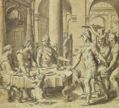 El banquete de Dido y Eneas, modelo para un tapiz en la serie Historia de Eneas, c.1532 de Perino del Vaga