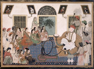 Un europeo, probablemente Sir David Ochterlony (1758-1825), vestido de indio, fumando un narguile y viendo un nautch en su casa en Delhi, c.1820 (tinta y color sobre papel) de Persian School