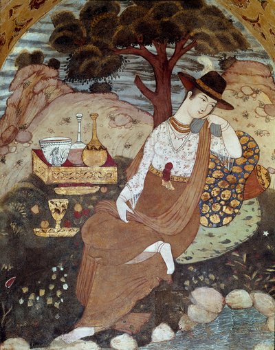 Una princesa persa bajo el gobierno de Abbas I, descansando siglo XVII. Fresco del Palacio de las 40 Columnas (Chehel Sotoun) en Isfahan, Irán. de Persian School