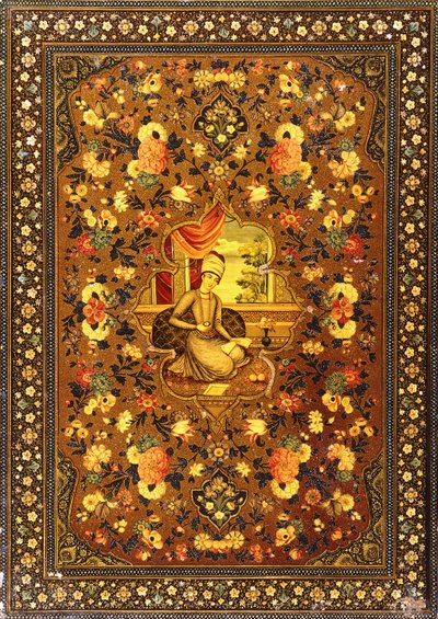 Una cubierta de libro Zand pintada con una figura central sentada dentro de un interior, rodeada de ramos florales, mediados del siglo XVIII de Persian School