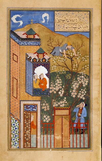 Un tonto corta la rama en la que está posado bajo la mirada del jardinero. Página tomada del manuscrito persa ms. 1187 (fol 27v) copiado en Bujará alrededor de 1540-1557. París, B.N. de Persian School