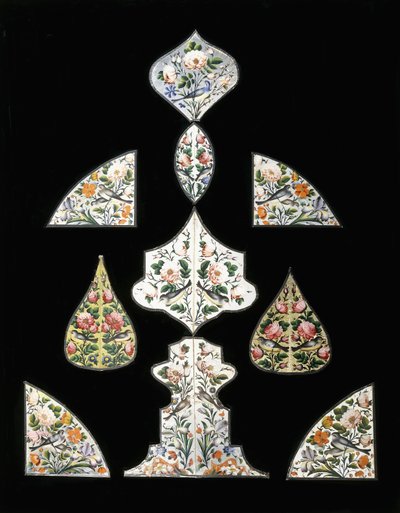 Un grupo de diez pinturas en espejo Qajar, decoradas con varias flores y pájaros posados, principios del siglo XIX de Persian School