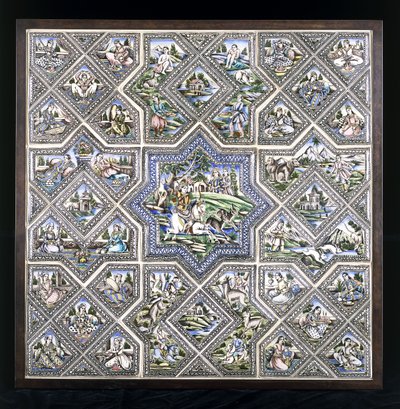 Un panel de azulejos de cerámica, que representa a Bahram Gur cazando y varias otras figuras en una variedad de escenas, finales del siglo XIX de Persian School