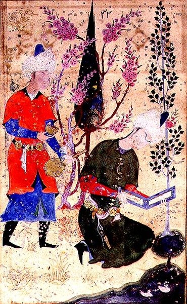 Un príncipe sentado leyendo mientras un sirviente sirve vino, de la Tohfat Al-Ahrar, Escuela de Bokhara de Persian School