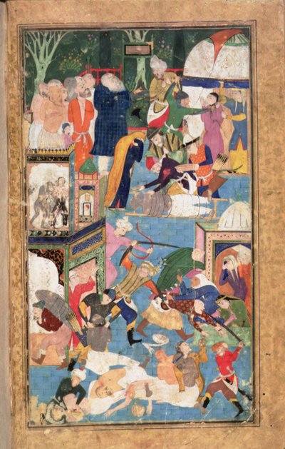 Añadir 22703 fol.52v El Saqueo de Isfahan en 1387 mostrando las fuerzas de Timur saqueando, saqueando y asesinando de Persian School
