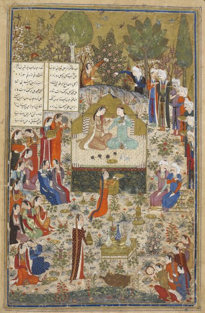 Add Ms 18113 f.406 Humay y Humayun, amantes rodeados de asistentes, de los 