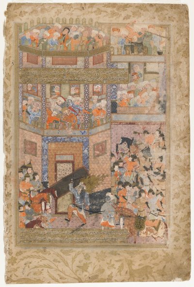 Ali levanta las puertas de Qamus, de un Rawzat al-safa, 1571-72 de Persian School