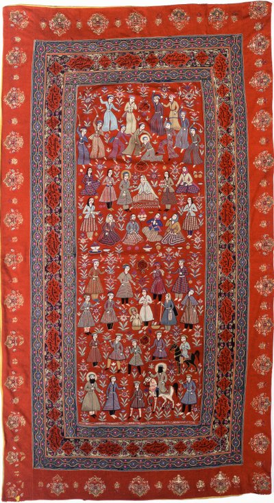 Un colgante bordado de paño de lana roja con filas de figuras representando la vida de José de Persian School