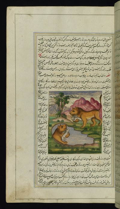 Un león malvado, engañado por una liebre, mira en un pozo y ve su reflejo de Luces de Canopus de Persian School