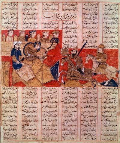 Arte de Irán (Persia): miniatura de un manuscrito del Shah Nqmeh, el rey Bahram Gour mata al gobernante de los Touranianos. Manuscrito de 1341 de Persian School