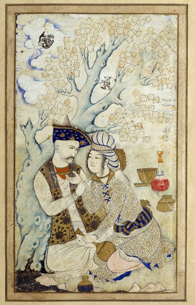 Arte islámico: Retrato de Shah Abbas I abrazando a uno de sus pajes. Dibujo persa de 1672. Dim: 0,16 x 0,27m. París, Museo del Louvre de Persian School