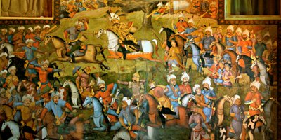 Batalla de Taher-Abad o Batalla de Merv con victoria de Shah Ismail I sobre Muhammad Shaybani Khan, Salón de Recepción, Chehel Sotun, 1647 de Persian School
