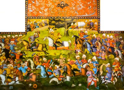 Batalla de Taher-Abad o Batalla de Merv con victoria de Shah Ismail I sobre Muhammad Shaybani Khan, Salón de Recepciones, Chehel Sotun, 1647 de Persian School
