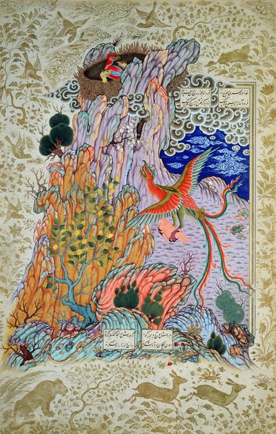 Zal siendo rescatado por el mítico Simurgh, de una copia del Shahnama de Persian School