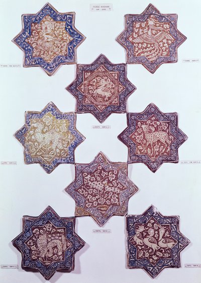 Ocho azulejos decorados con animales, siglos XIII-XIV (cerámica) de Persian School