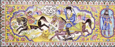 Primer cartucho de un panel largo de azulejos de cuerda seca, que representa escenas de caza y batalla, siglo XIX de Persian School