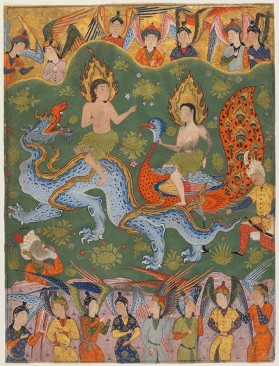 Folio de un Falnama (Libro de los presagios); verso: Expulsión de Adán y Eva, Qazvin, Irán, período Safávida, mediados de los 1550s de Persian School