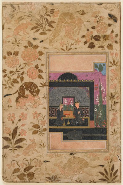 Folio de un Haft paykar; Bahram Gur y la princesa en el pabellón negro, Qazwin, Irán, c.1590 de Persian School