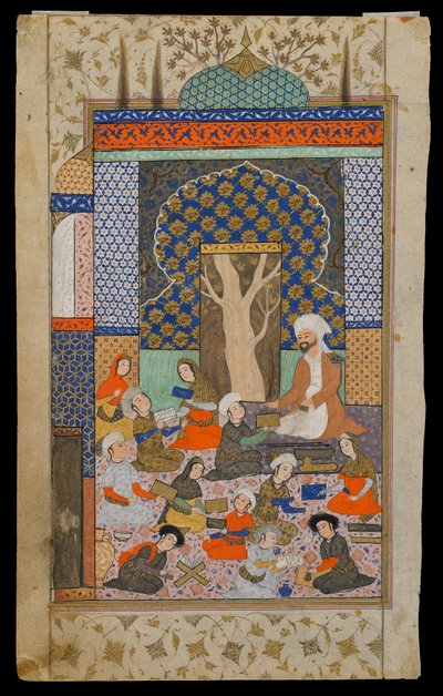 Folio de un Khamsa (Quinteto) de Nizami; recto: Layla y Majnun en la escuela, Irán, período Safávida, c.1600-10 de Persian School