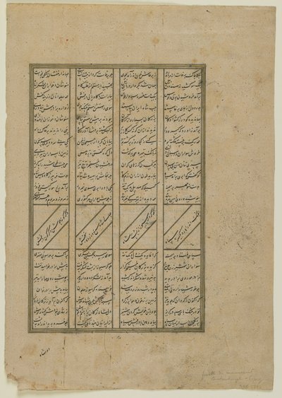 Folio de un Shahnama (Libro de los reyes) de Firdawsi (m. 1020); recto: El combate entre Kay Khosrow y Afrasiyab y la retirada de Afrasiyab; verso: texto de la historia de Kay Khusraw, manuscrito des de Persian School