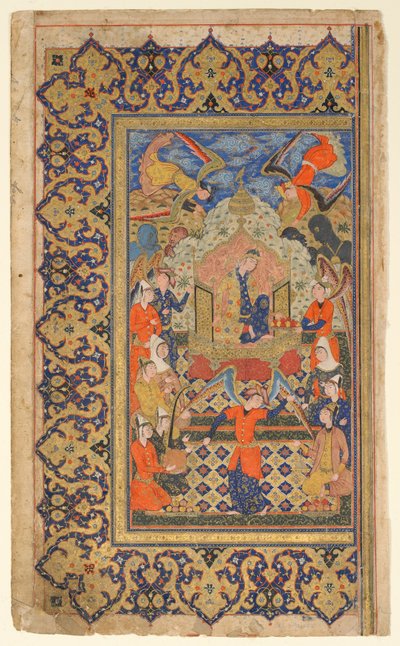 Folio de un Shahnama (Libro de los Reyes) de Firdawsi; recto: Bilqis entronizada; verso: texto del prefacio, Shiraz, Fars, Irán, período Safavid, c.1590-1600 de Persian School