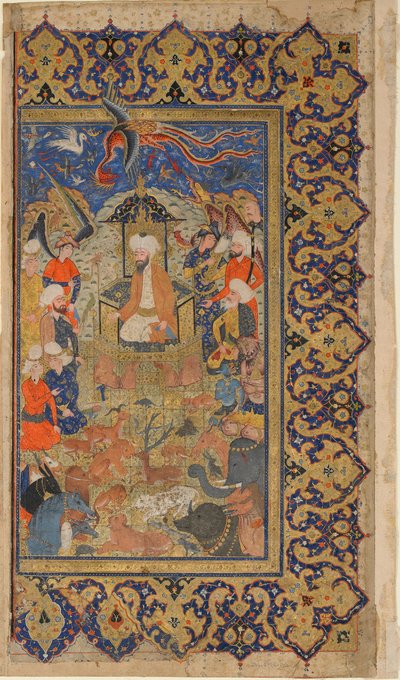 Folio de un Shahnama (Libro de los Reyes) de Firdawsi; verso: Sulayman entronizado, Shiraz, Fars, Irán, período Safavid, c.1590-1600 de Persian School