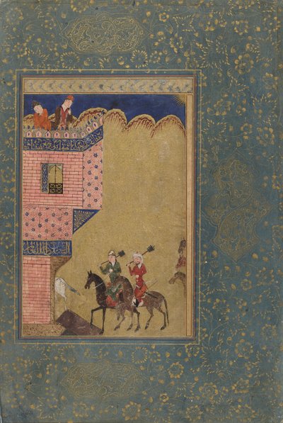 Folio de una Antología; Dos jinetes con mazas acercándose a un edificio, Irán, 1417-18 de Persian School