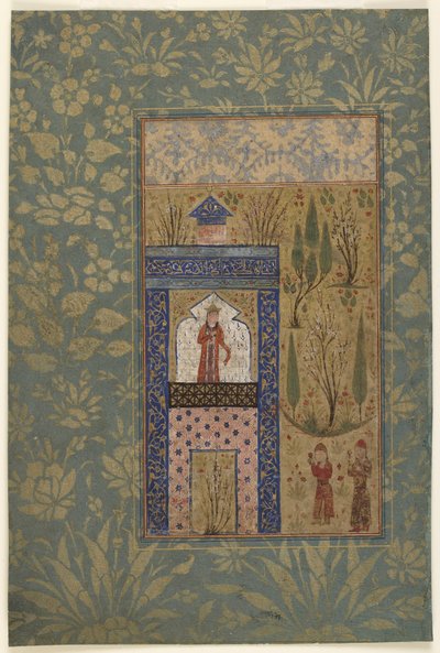 Folio de una Antología; Dos jóvenes ante una princesa en una ventana, Irán, 1417-18 de Persian School