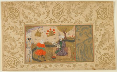 Folio de un texto no identificado; Una mujer conversa con un hombre sentado junto a un arroyo, Irán, c.1500 de Persian School