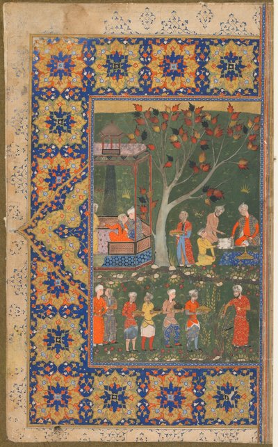 Folio de un texto no identificado; recto: Una fiesta en un jardín, Shiraz, Irán, c.1570 de Persian School