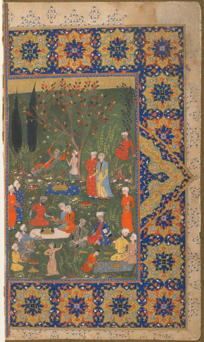 Folio de un texto no identificado; verso: Una fiesta en un jardín, Shiraz, Irán, c.1570 de Persian School