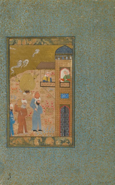 Folio de un texto no identificado; verso: Dos hombres con jarras se acercan a un edificio, Shiraz, Irán, c.1520 de Persian School
