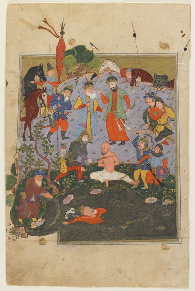 Garsivaz siendo azotado mientras Afrasiyab es arrastrado del lago de un Shahnama de Persian School