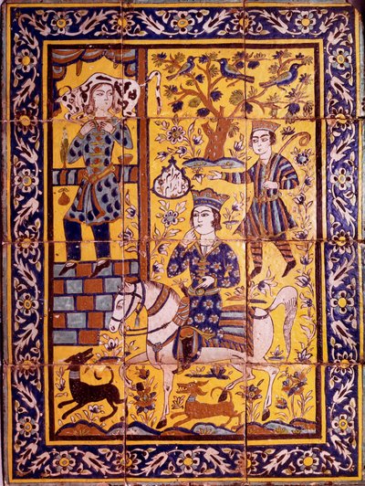 Gulendam es perdonada por un comentario torpe que hizo a Vahram V Gour (Evening-primrose) (o Bahram Gur o Gor), rey sasánida de Persia, llevando un buey en su hombro. Panel de placas de revestimiento de mosaico que representa un episodio del Shahnameh de Persian School