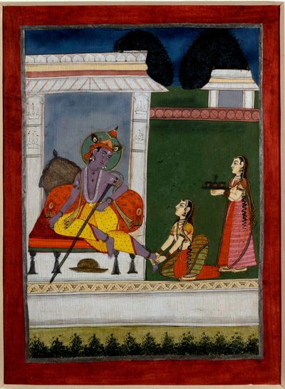 Hinduismo: “Krishna descansando”. Un sirviente le masajea los pies. Miniatura persa de la escuela india del siglo XVII. Rennes, Museo de Bellas Artes de Persian School