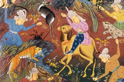 Cazadores montados y a pie matando ciervos y tigres (acuarela opaca sobre papel) (detalle de 272916) de Persian School