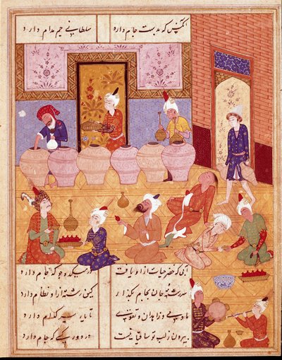 Arte islámico: "banquete con músicos" Miniatura que ilustra los poemas del poeta persa Hafez, manuscrito persa. 1554 San Lorenzo de El Escorial, Biblioteca Real del Monasterio de El Escorial, Madrid de Persian School