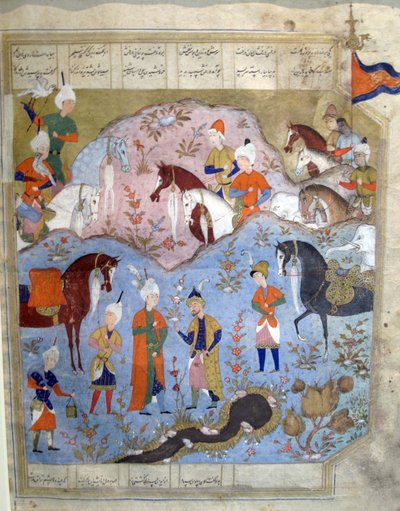 Encuentro de Siyarvush y Afrasiyab del Shahnam de Firdosi, 1565-66 de Persian School